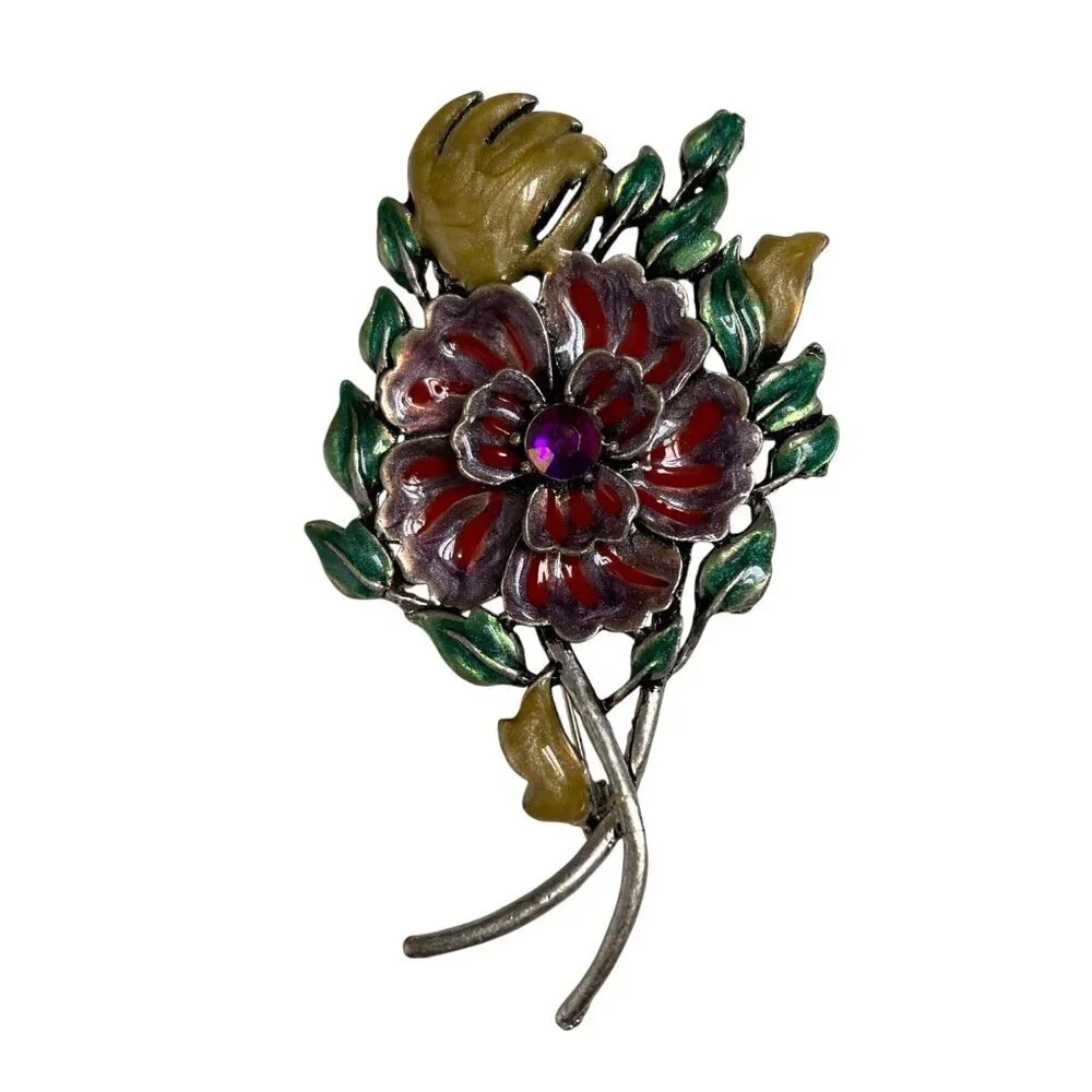 Vintage Large Floral Enamel Brooch Rhinestone Center Red Yellow 3 inches
